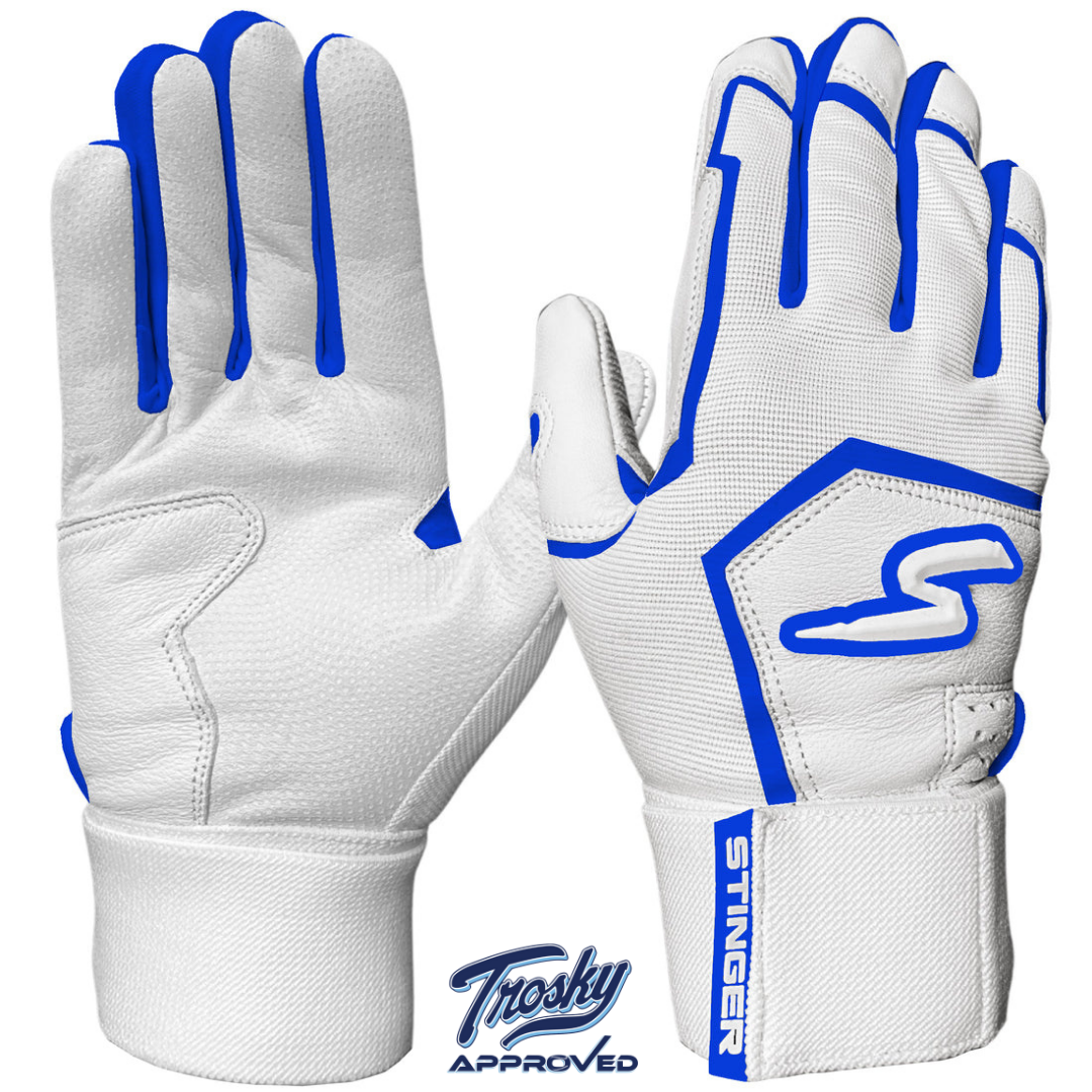 Blue and white baseball gloves on sale