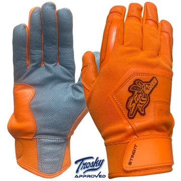 Royal blue and orange batting gloves on sale
