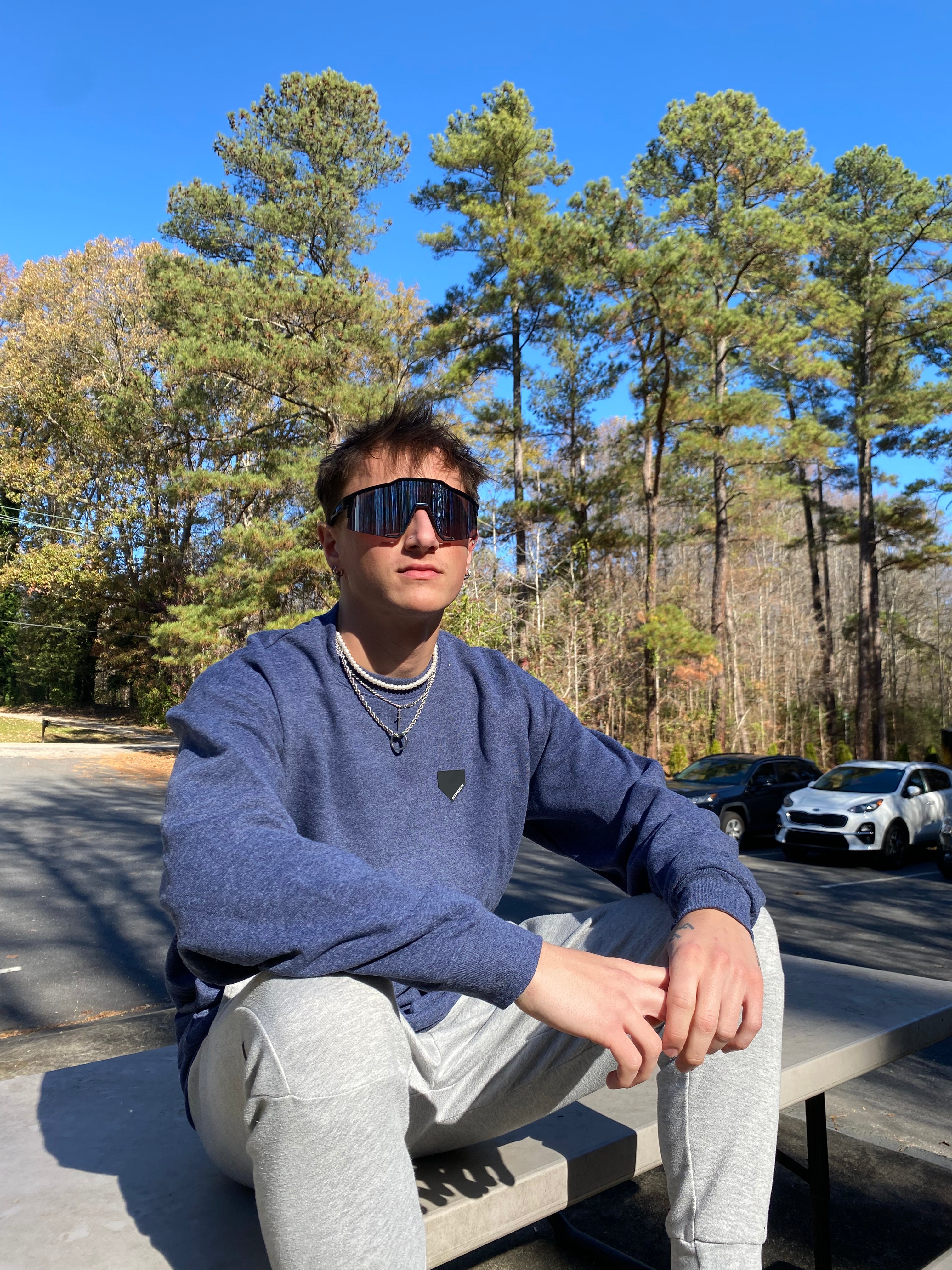 Stinger Homeplate Logo - Heather Navy Crew Neck Sweater