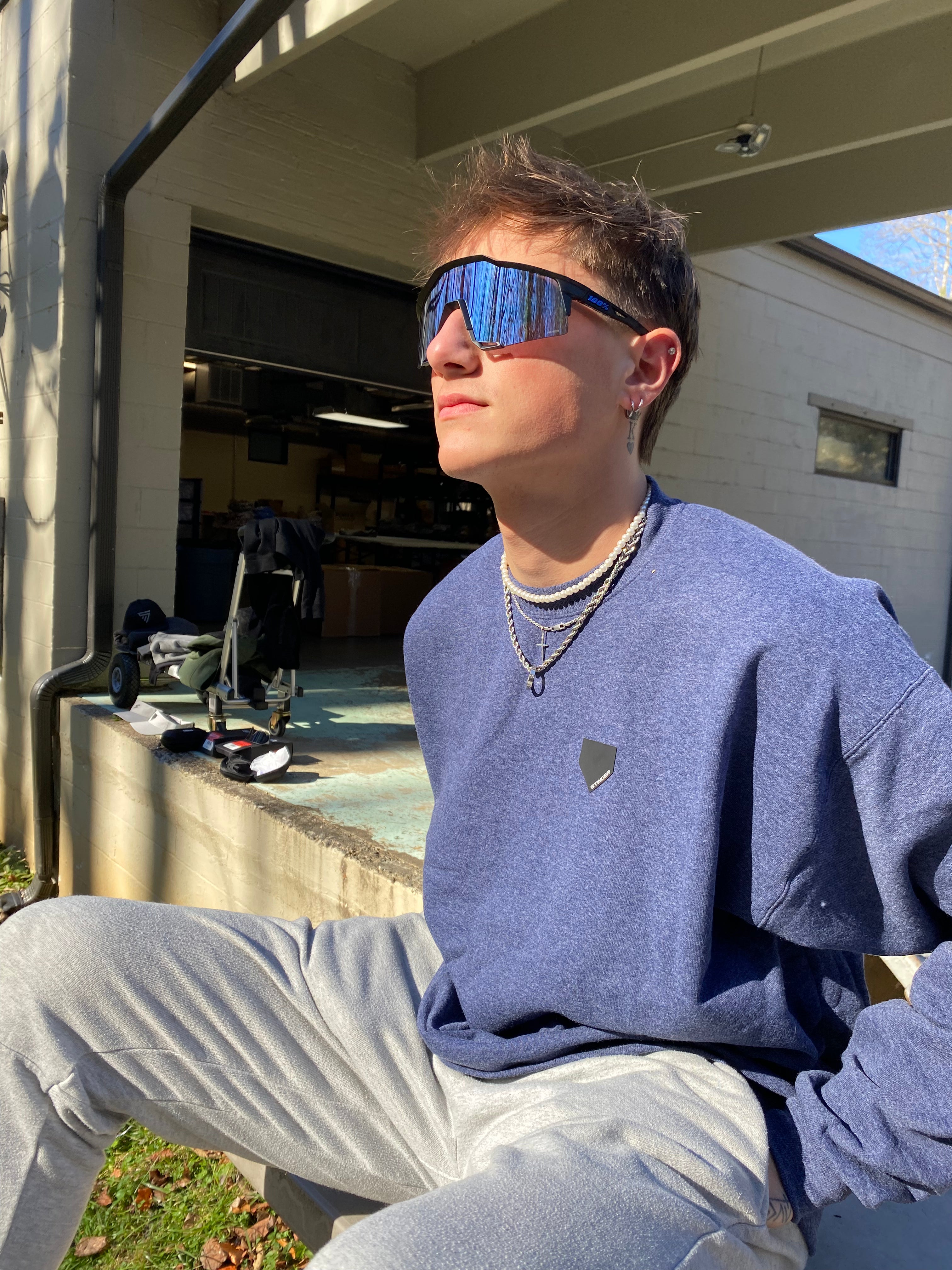 Stinger Homeplate Logo - Heather Navy Crew Neck Sweater